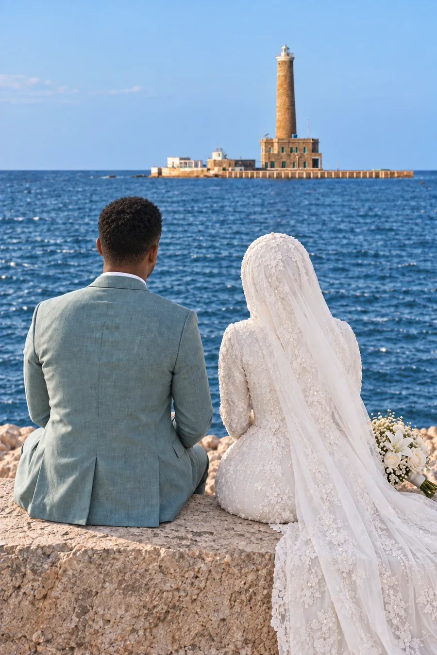 Shaheen and Dalia sitting by the sea, looking out at the lighthouse
